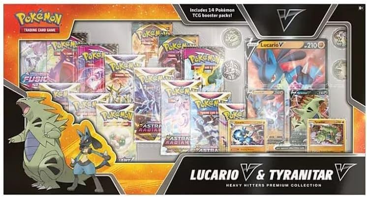 Pokemon TCG: Heavy Hitters Premium Collection Box: Featuring: Lucario V, Tyranitar V, Lucario & Tyranitar Card Game Pokemon