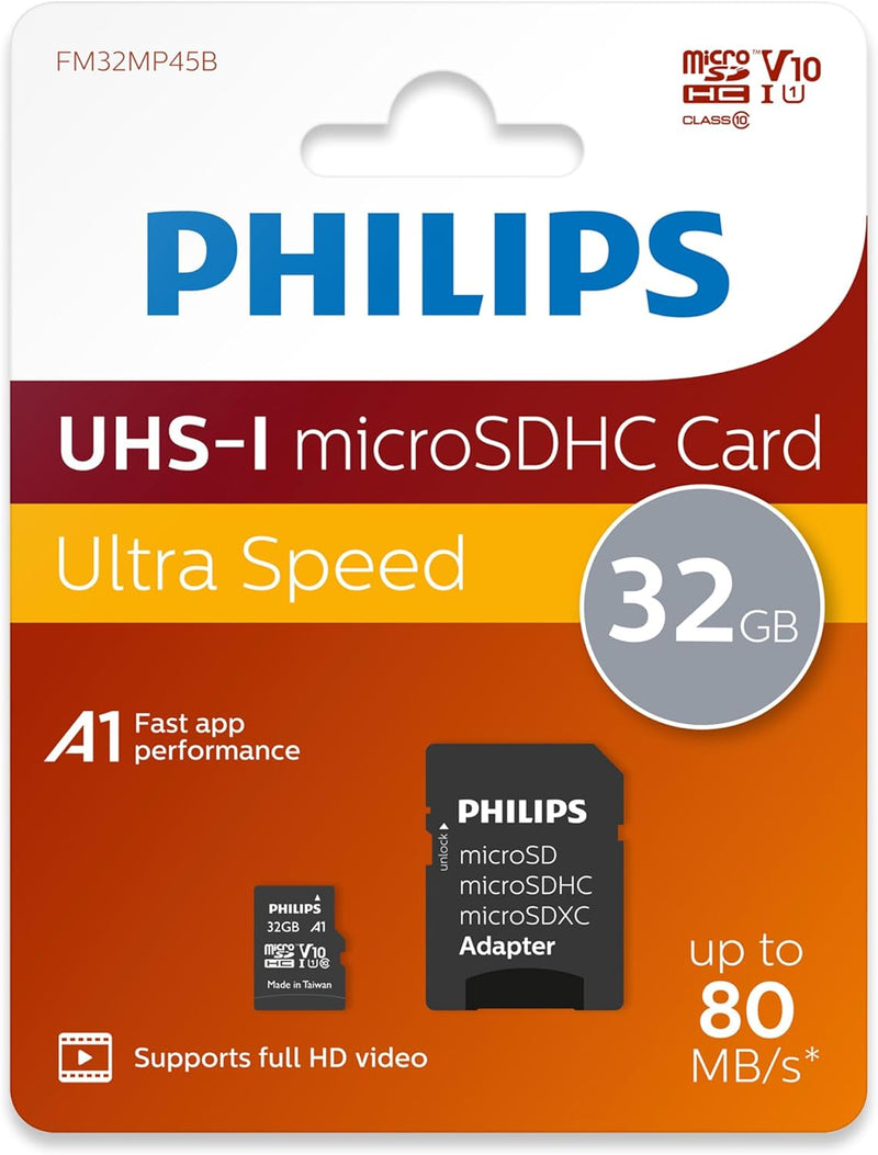 PHILIPS 32GB Micro SDHC UHS-1 U1 & V10 Class 10 Flash Memory Card with Adapter Electronics Philips
