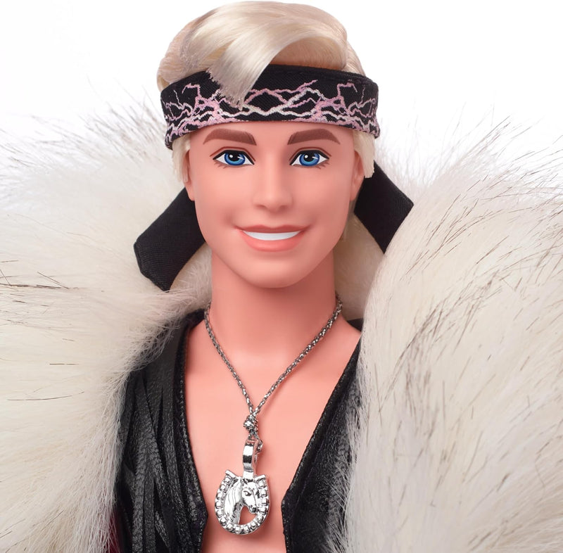 Barbie The Movie: Ken Doll Wearing Big Faux Fur Coat & Black Fringe Vest with Bandana Toys & Games Mattel