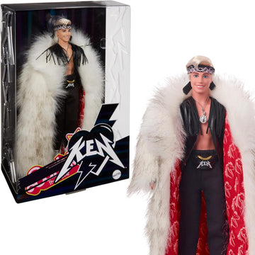 Barbie The Movie: Ken Doll Wearing Big Faux Fur Coat & Black Fringe Vest with Bandana Toys & Games Mattel