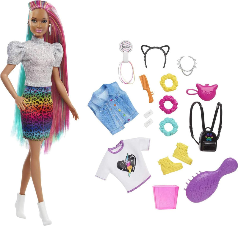 Barbie: Leopard Rainbow Hair Doll with Rainbow Skirt Toys & Games Mattel