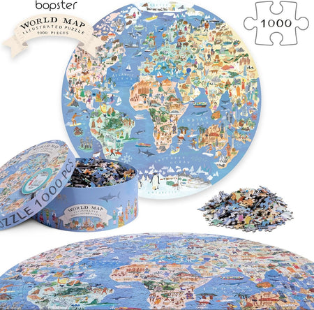 Bopster: Illustrated World Map Round Puzzle - 1000 Piece Puzzle Board Game Boppi