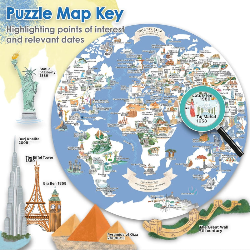 Bopster: Illustrated World Map Round Puzzle - 1000 Piece Puzzle Board Game Boppi