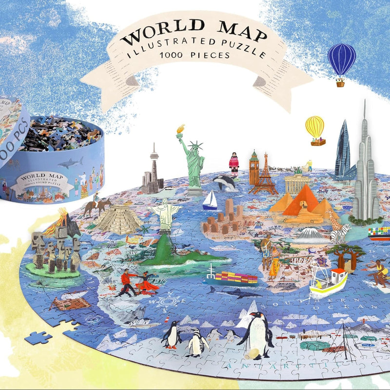 Bopster: Illustrated World Map Round Puzzle - 1000 Piece Puzzle Board Game Boppi