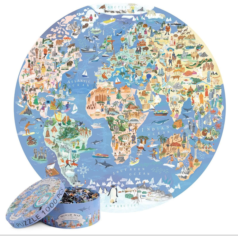 Bopster: Illustrated World Map Round Puzzle - 1000 Piece Puzzle Board Game Boppi