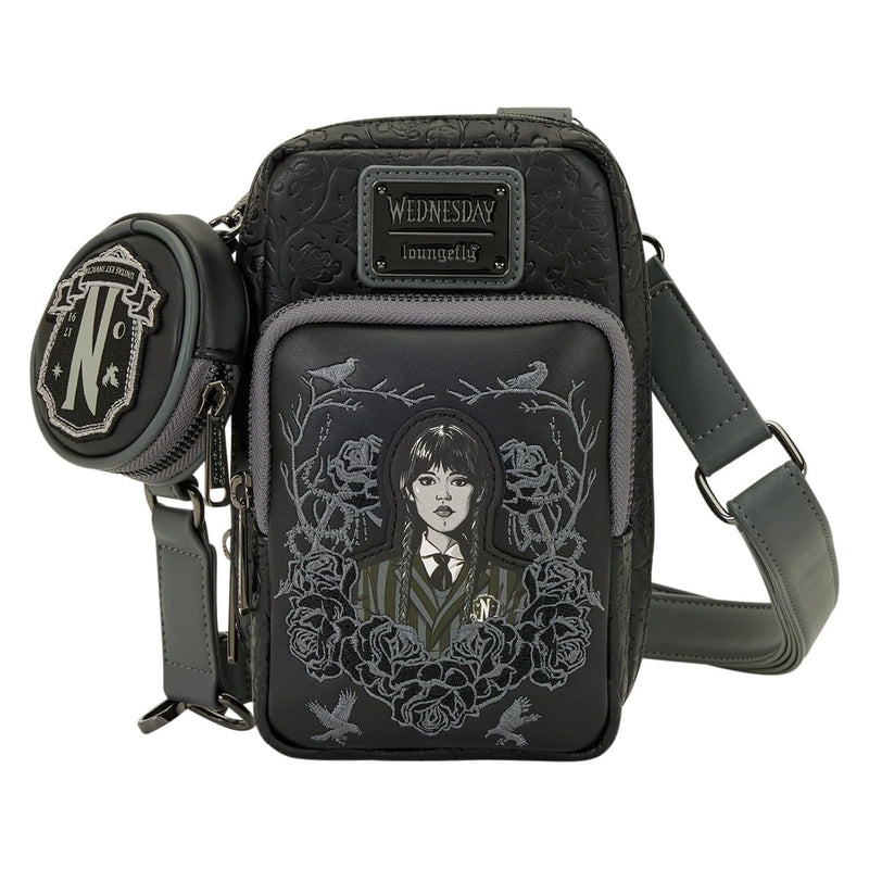 Loungefly: Wednesday Black Roses Cell Phone Crossbody Bag Clothing and Apparel Loungefly