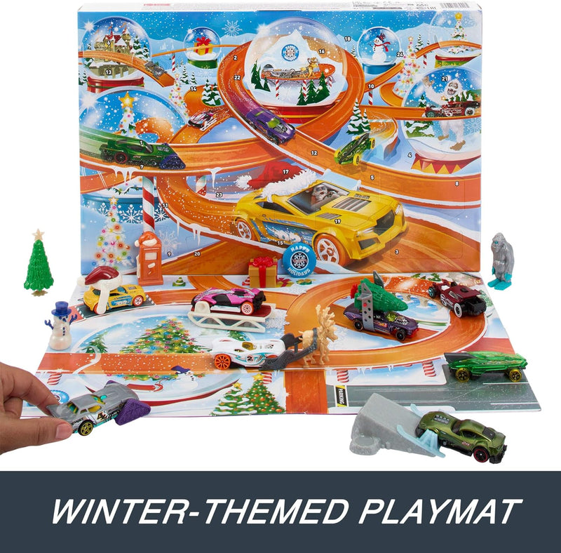 Hot Wheels: Advent Christmas Calendar - 1:64 Scale Cars & 16 Winter-Themed Accessories & 24 Numbered Doors & Playmat Toys & Games Mattel