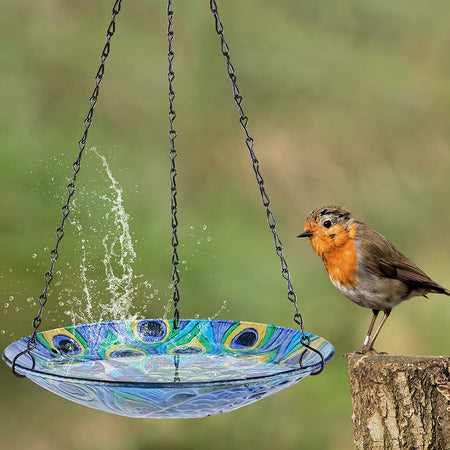 Outdoor Garden Hanging Glass Bird Bath Feeder - Peacock Whirlpool Design - 11 Inch House & Home VCUTEKA