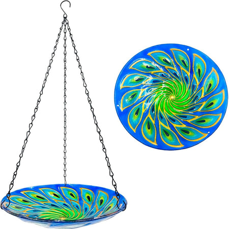 Outdoor Garden Hanging Glass Bird Bath Feeder - Peacock Whirlpool Design - 11 Inch House & Home VCUTEKA