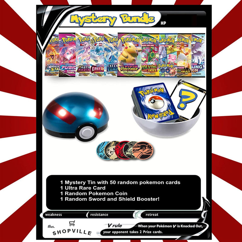 Pokemon TCG: Party Bundle - 50 Assorted Cards in a Tin, 1 Ultra Rare Card, 1 Factory Sealed Booster Pack, 1 Coin Card Game Pokemon