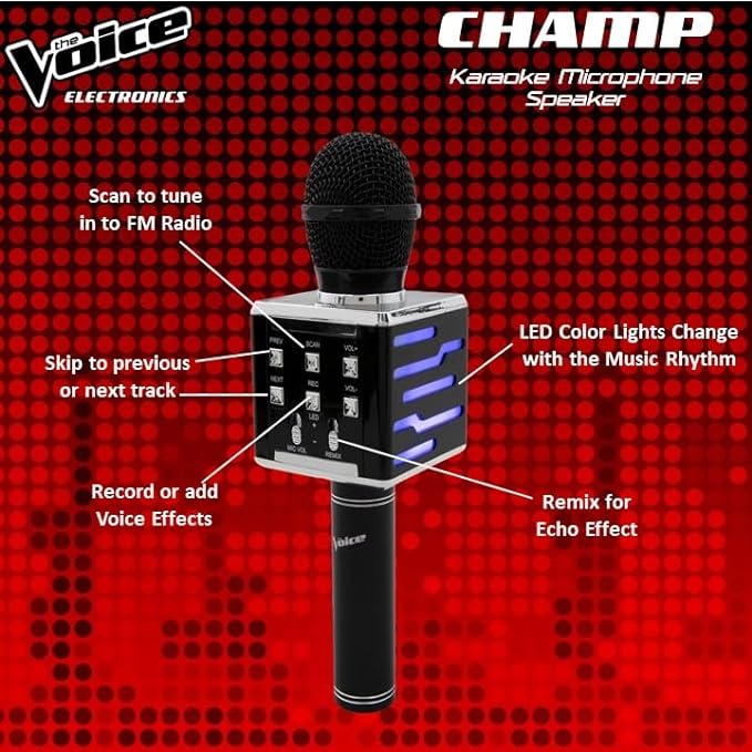 The Voice Champ Deluxe Wireless Handheld Karaoke Microphone, Speaker with LED Lights, Multiple Sound Effects, Play Music and Record Vocals… Electronics The Voice
