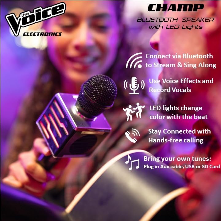 The Voice Champ Deluxe Wireless Handheld Karaoke Microphone, Speaker with LED Lights, Multiple Sound Effects, Play Music and Record Vocals… Electronics The Voice