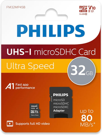 PHILIPS 32GB Micro SDHC UHS-1 U1 & V10 Class 10 Flash Memory Card with Adapter Electronics Philips   