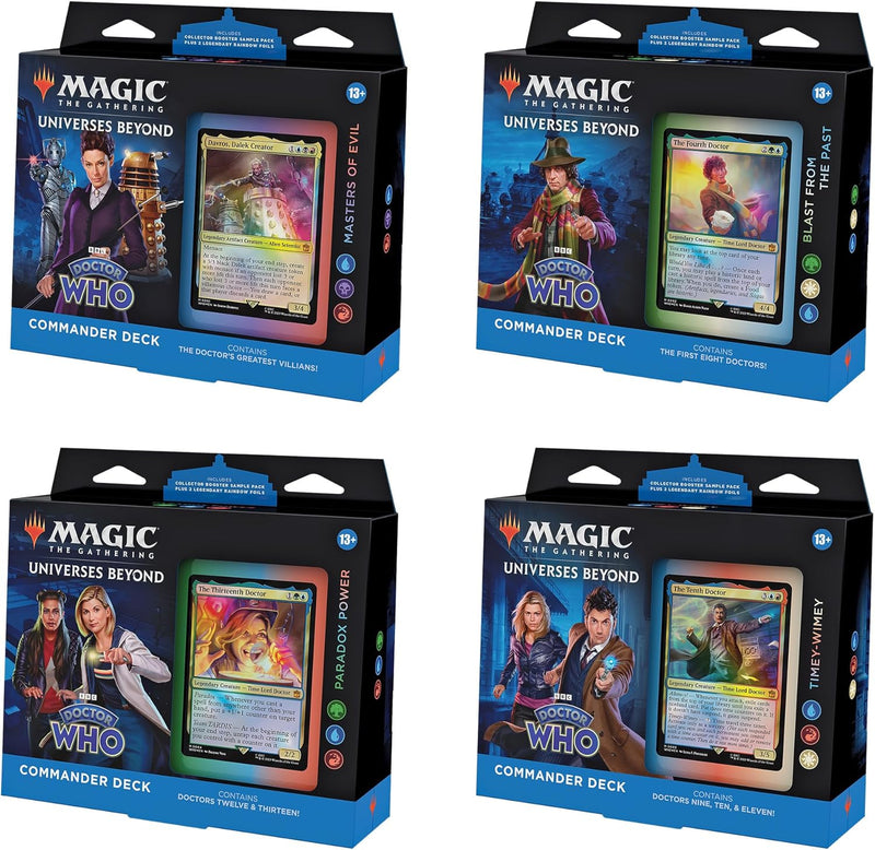 Magic: The Gathering MTG TCG - Universes Beyond: Doctor Who Commander Deck Bundle - 4 Set Decks [Masters of Evil, Blast from The Past, Timey-Wimey & Paradox Power] Card Game Wizards of the Coast