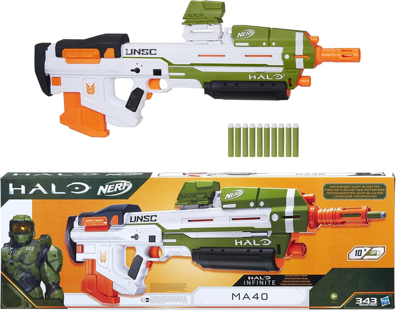 Nerf: Halo MA40 Motorized Dart Blaster - Includes Removable 10-Dart Clip, 10 Official Nerf Elite Darts, and Attachable Rail Riser Toys & Games Hasbro