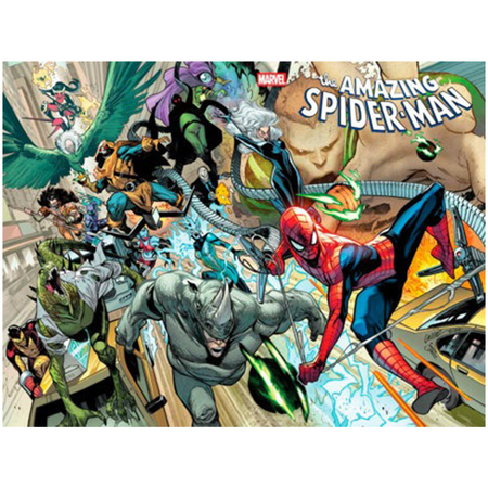 Marvel's The Amazing Spider-Man comic book cover art featuring Spider-Man in his red and blue suit flying forward, surrounded by other Marvel superheroes including Wolverine, Green Goblin, and Doctor Strange, with the title 'The Amazing Spider-Man' and Marvel logo visible.