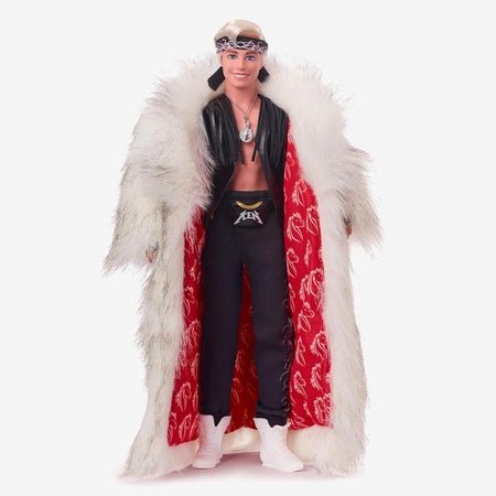 Barbie The Movie: Ken Doll Wearing Big Faux Fur Coat & Black Fringe Vest with Bandana Toys & Games Mattel