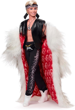 Barbie The Movie: Ken Doll Wearing Big Faux Fur Coat & Black Fringe Vest with Bandana Toys & Games Mattel