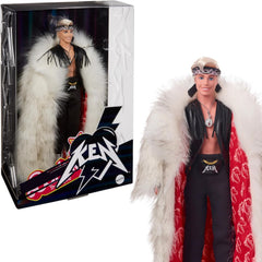 Barbie The Movie: Ken Doll Wearing Big Faux Fur Coat & Black Fringe Vest with Bandana Toys & Games Mattel