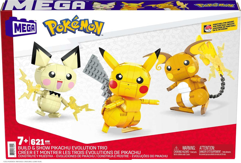 MEGA Pokemon: Build & Show Pichu, Pikachu and Raichu Evolution Trio - 621 Piece Building Set Toys & Games Mattel