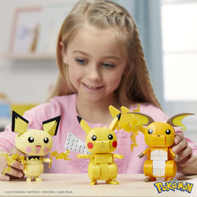 MEGA Pokemon: Build & Show Pichu, Pikachu and Raichu Evolution Trio - 621 Piece Building Set Toys & Games Mattel