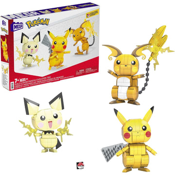 MEGA Pokemon: Build & Show Pichu, Pikachu and Raichu Evolution Trio - 621 Piece Building Set Toys & Games Mattel