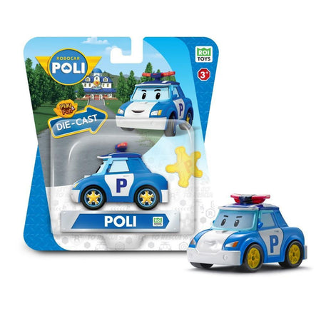 Toy police car with packaging featuring the brand 'Poli' on a white background