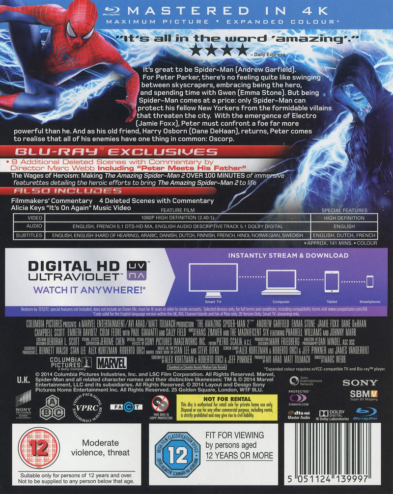 The Amazing Spider-Man 2 [Blu-Ray + 4K UHD] Blu-Ray 4K Movie Sony Pictures   