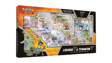 Pokemon TCG: Heavy Hitters Premium Collection Box: Featuring: Lucario V, Tyranitar V, Lucario & Tyranitar Card Game Pokemon