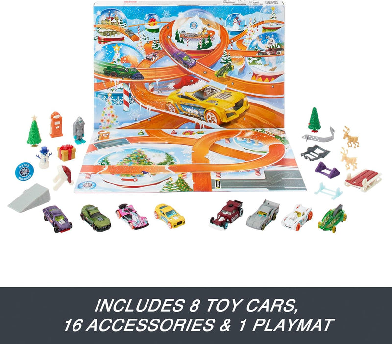 Hot Wheels: Advent Christmas Calendar 2024 - Hot Wheels 1:64 Scale Cars & 16 Winter-Themed Accessories & 24 Numbered Doors & Playmat Toys & Games Mattel