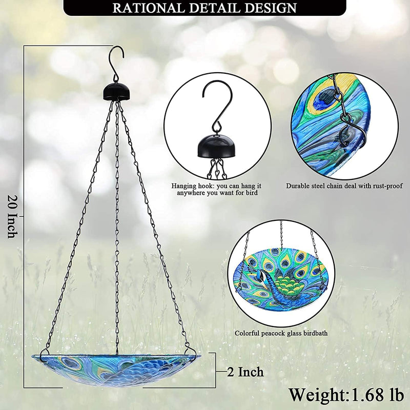 Outdoor Garden Hanging Glass Bird Bath Feeder - Peacock Whirlpool Design - 11 Inch House & Home VCUTEKA   