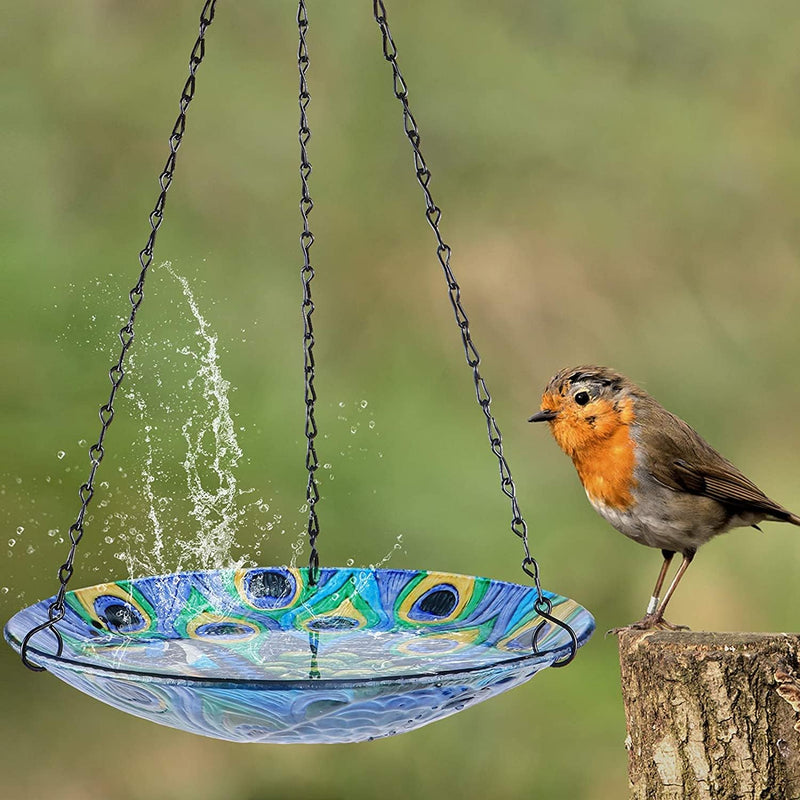 Outdoor Garden Hanging Glass Bird Bath Feeder - Peacock Whirlpool Design - 11 Inch House & Home VCUTEKA   