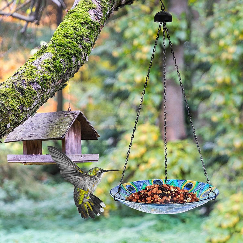 Outdoor Garden Hanging Glass Bird Bath Feeder - Peacock Whirlpool Design - 11 Inch House & Home VCUTEKA   