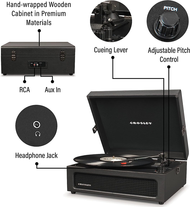 Crosley: Voyager Vintage Portable Vinyl Record Player Turntable with Bluetooth in/Out and Built-in Speakers - Black - CR8017B-BK [Electronics] Electronics Crosley