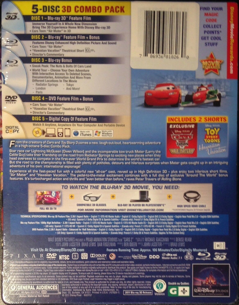 Disney Pixar's Cars 2 - Limited Edition SteelBook [3D + 2D Blu-ray + DVD + Digital] DVDs & Blu-Rays Disney   